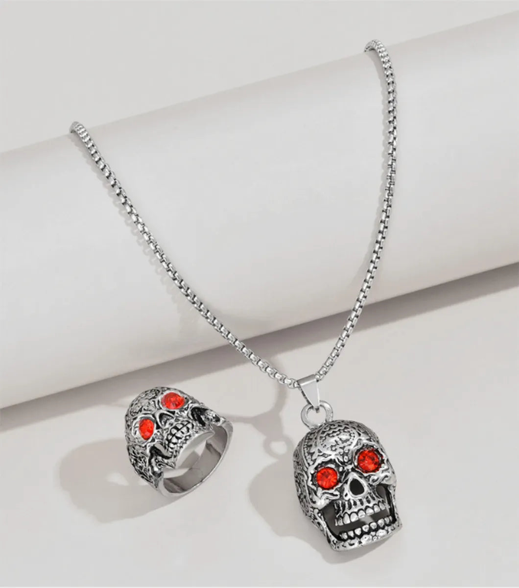 Retro Punk Skull Alloy Inlay Rhinestones Men's Rings Necklace