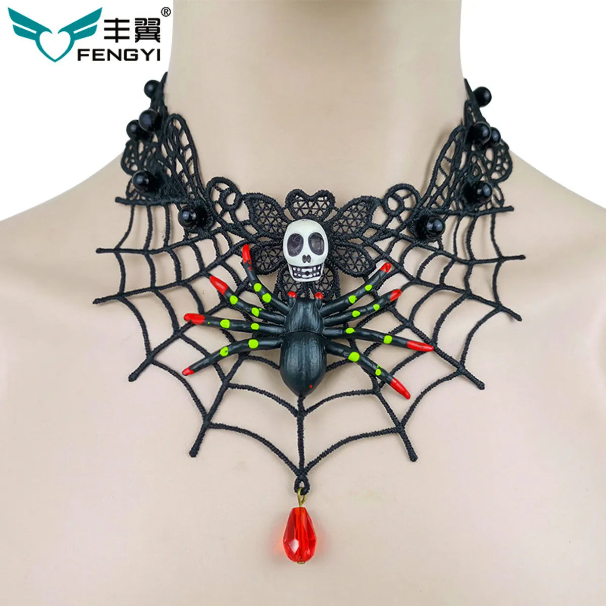 Retro Punk Spider Skull Artificial Crystal Alloy Lace Halloween Women'S Necklace