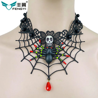 Retro Punk Spider Skull Artificial Crystal Alloy Lace Halloween Women'S Necklace