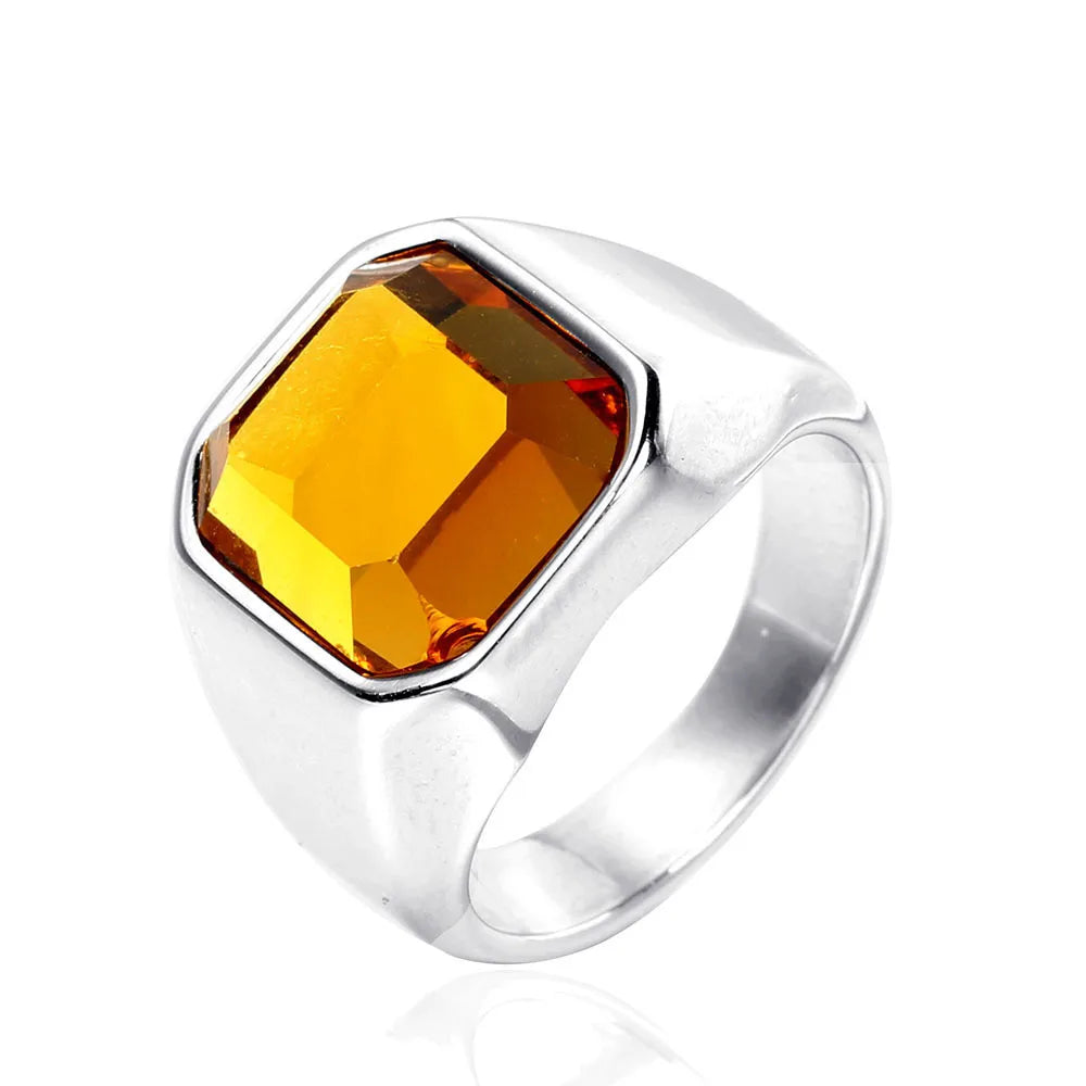 Retro Punk Square Stainless Steel Inlay Gem Unisex Wide Band Rings