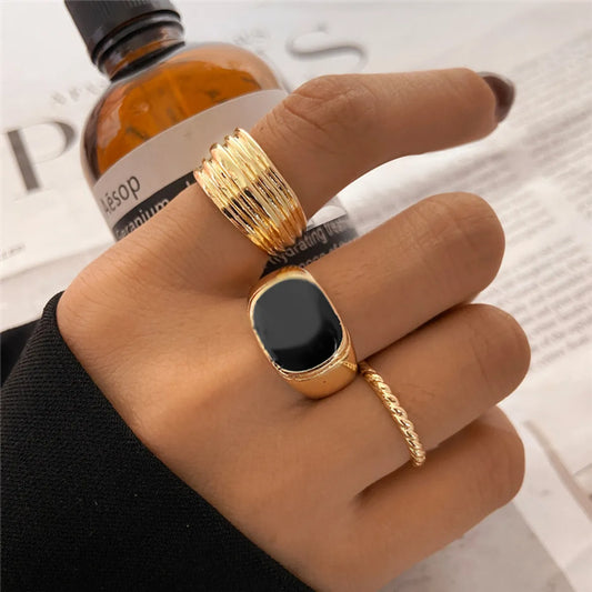 Retro Punk Style Twisted Geometric Simple Black Gem Alloy Rings 3-piece Set