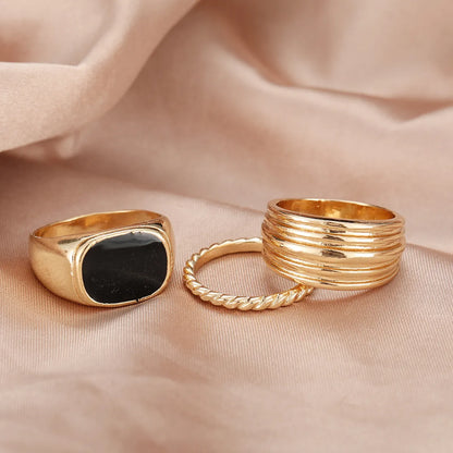 Retro Punk Style Twisted Geometric Simple Black Gem Alloy Rings 3-piece Set