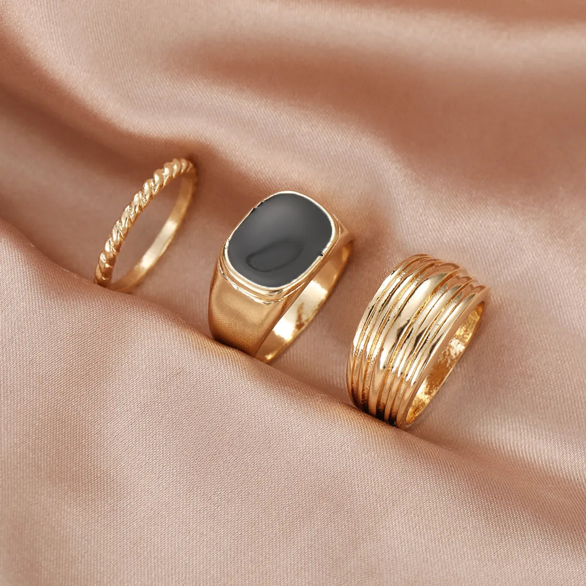 Retro Punk Style Twisted Geometric Simple Black Gem Alloy Rings 3-piece Set