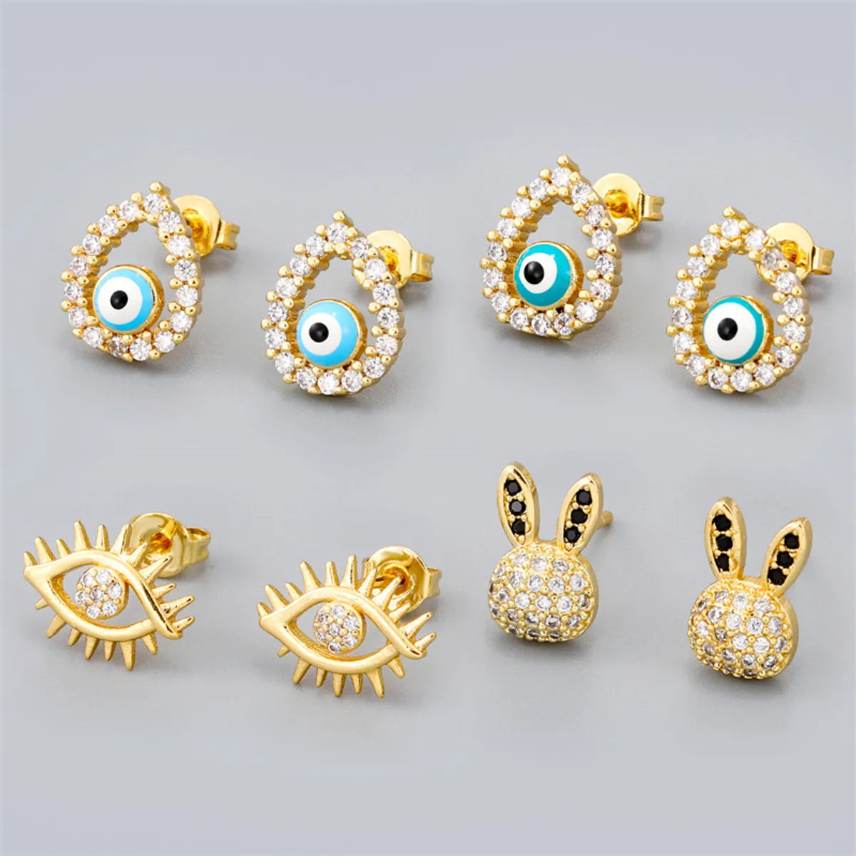 Retro Rabbit Devil's Eye Water Droplets Copper Enamel Zircon Gold Plated Ear Studs 1 Pair