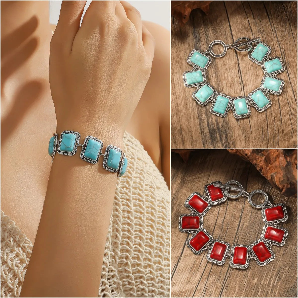 Retro Rectangle Alloy Toggle Plating Inlay Turquoise Bracelets