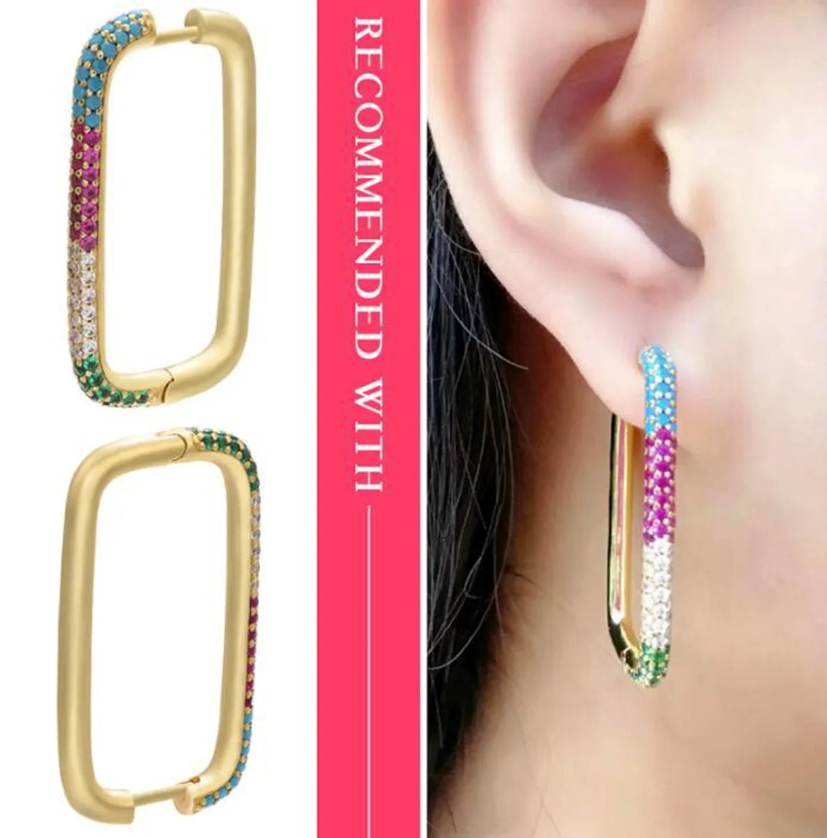 Retro Rectangular Colored Diamond Copoper Ear Clip Wholesale Gooddiy