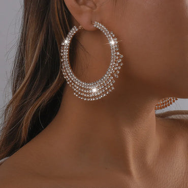 Retro Rhinestone Tassel Large Circle Claw Chain Earrings