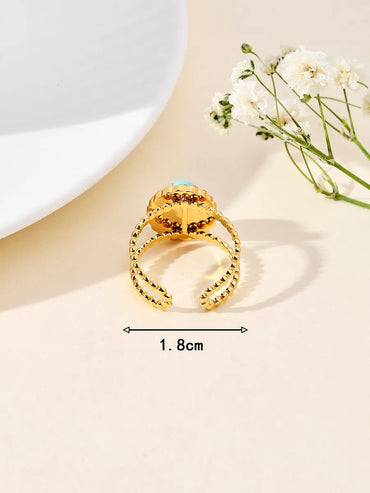 Retro Roman Style Geometric Stainless Steel Plating Inlay Natural Stone 18k Gold Plated Open Rings