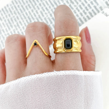 Retro Roman Style Geometric Titanium Steel Plating Inlay Zircon Rings