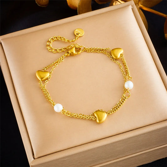 Retro Roman Style Heart Shape 304 Stainless Steel 18K Gold Plated Acrylic Bracelets In Bulk