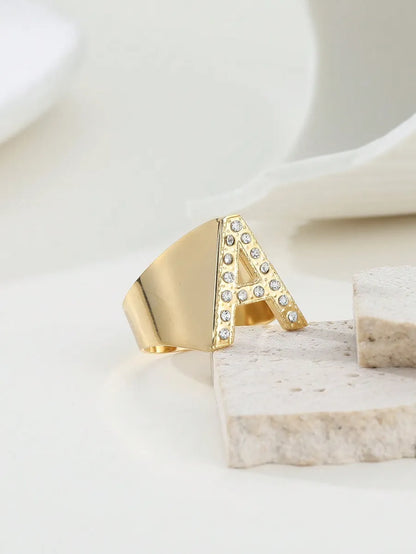 Retro Roman Style Letter Stainless Steel Plating Inlay Zircon 18k Gold Plated Open Rings