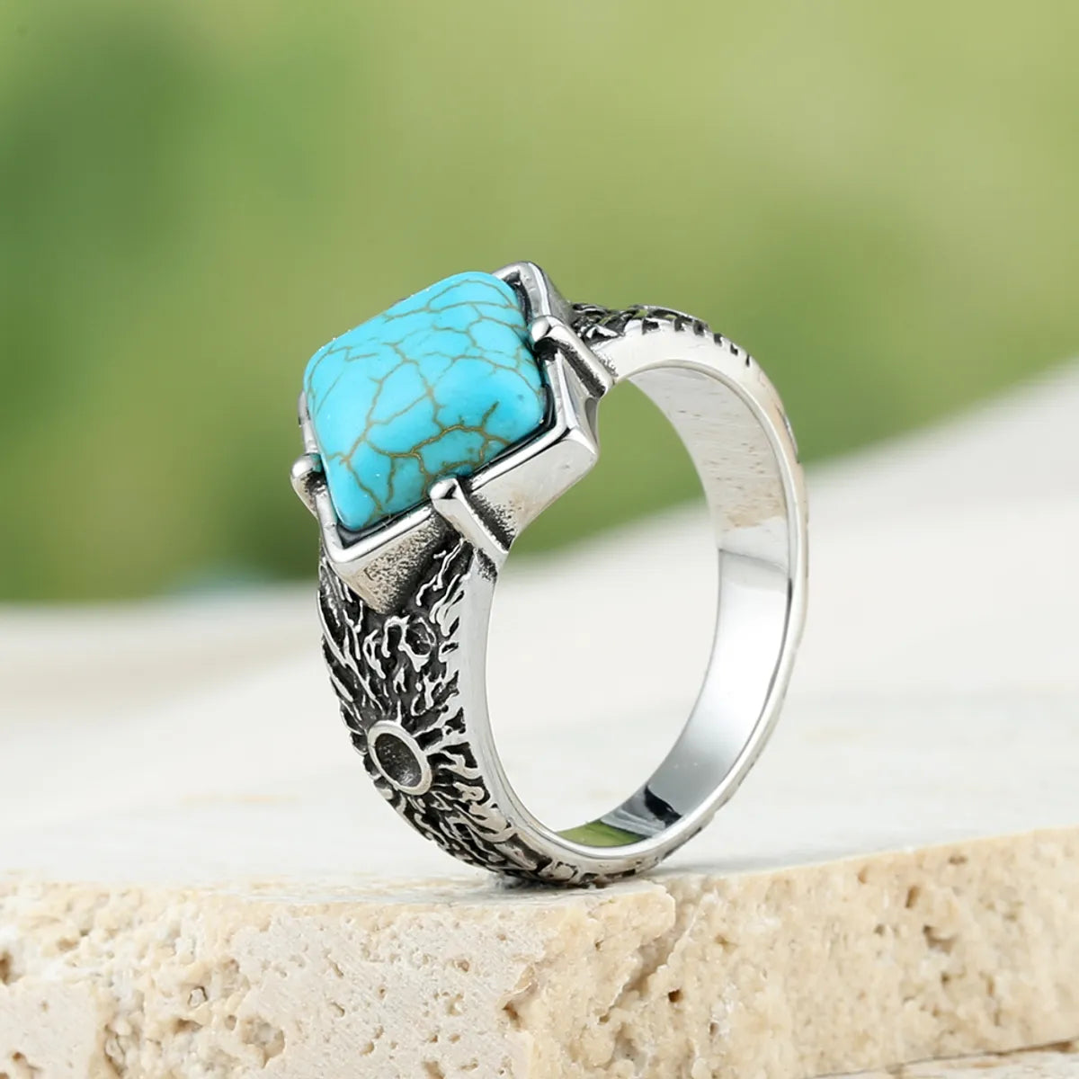 Retro Roman Style Square 316 Stainless Steel  Inlay Artificial Gemstones Turquoise Men'S Rings