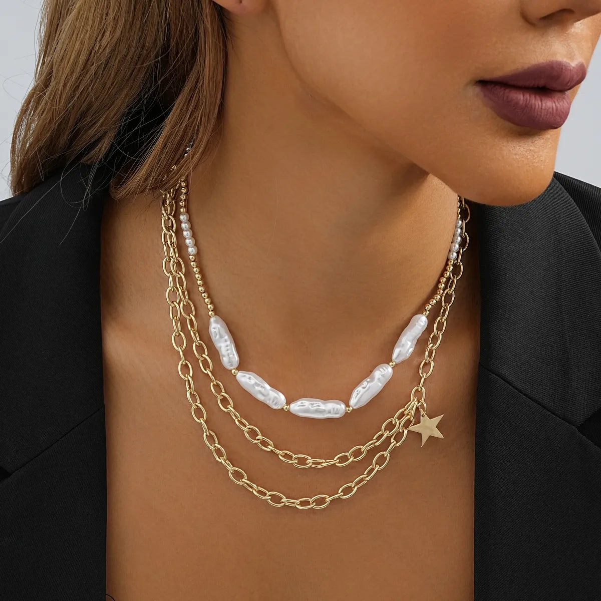 Retro Roman Style Star Imitation Pearl Alloy Layered Plating Women's Three Layer Necklace