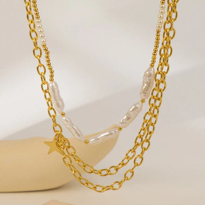 Retro Roman Style Star Imitation Pearl Alloy Layered Plating Women's Three Layer Necklace