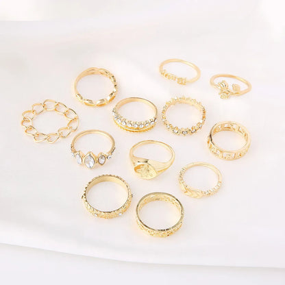 Retro Rose Flower Diamond Eye Geometric 12-piece Set Ring