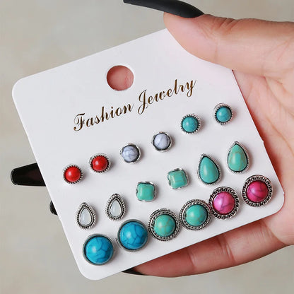 Retro Round Alloy Inlay Turquoise Women'S Drop Earrings Ear Studs