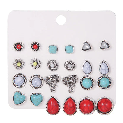 Retro Round Alloy Inlay Turquoise Women'S Drop Earrings Ear Studs