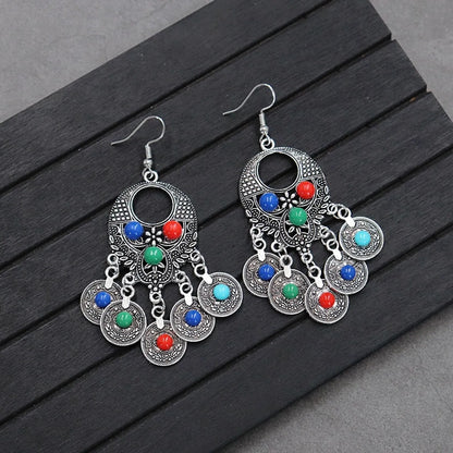 Retro Round Alloy Inlay Turquoise Women's Drop Earrings