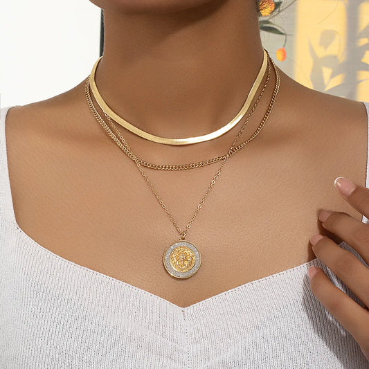 Retro Round Alloy Plating 14k Gold Plated Women's Three Layer Necklace