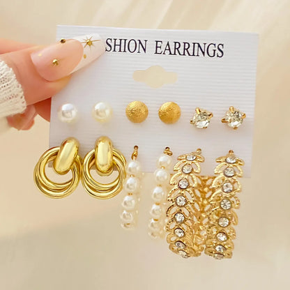 Retro Round Alloy Plating Artificial Pearls Women's Earrings Ear Studs 6-piece Set