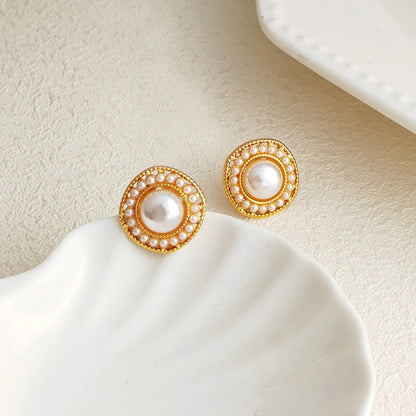 Retro Round Alloy Plating Inlay Pearl Women's Ear Studs 1 Pair