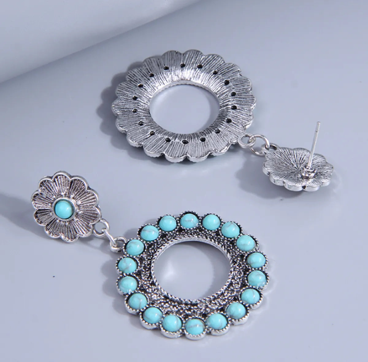 Retro Round Alloy Splicing Hollow Out Turquoise Drop Earrings 1 Pair