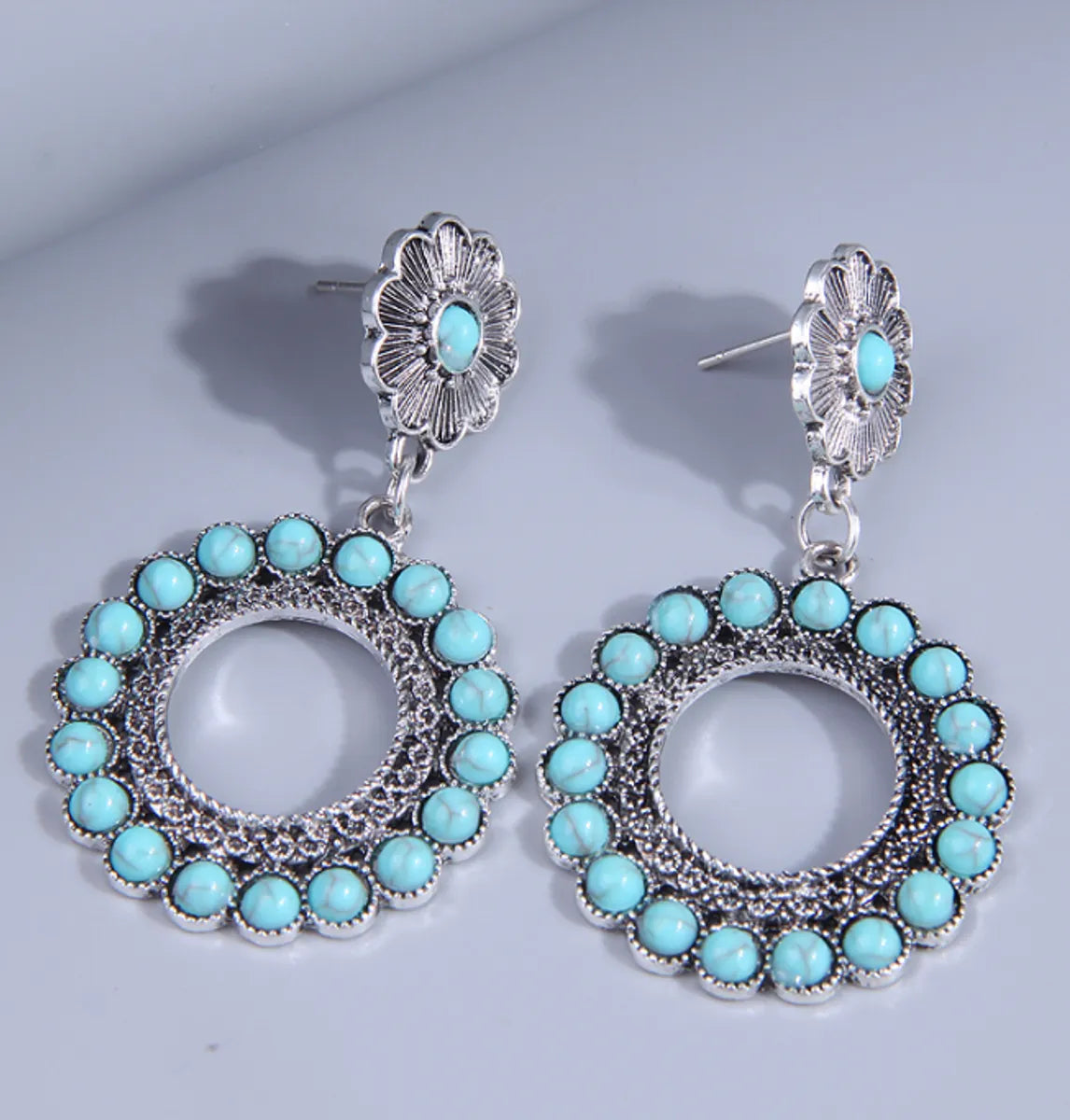 Retro Round Alloy Splicing Hollow Out Turquoise Drop Earrings 1 Pair