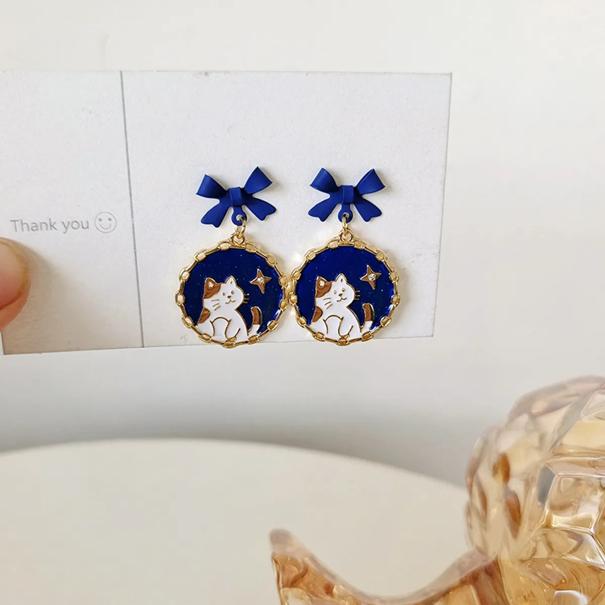 Retro Round Cat Bow Knot Alloy Enamel Stoving Varnish Earrings