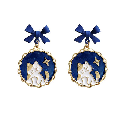 Retro Round Cat Bow Knot Alloy Enamel Stoving Varnish Earrings