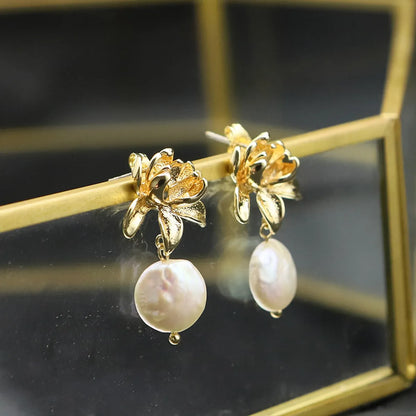 Retro Round Flower Pearl Copper Patchwork Zircon Drop Earrings 1 Pair