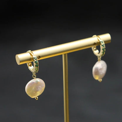 Retro Round Flower Pearl Copper Patchwork Zircon Drop Earrings 1 Pair