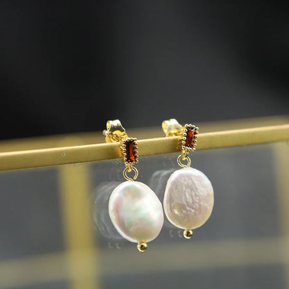 Retro Round Flower Pearl Copper Patchwork Zircon Drop Earrings 1 Pair