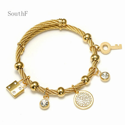 Retro Round Key Lock Titanium Steel Bangle In Bulk