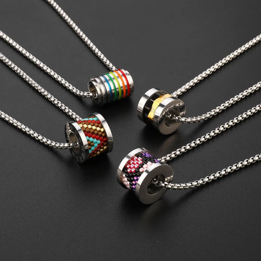 Retro Round Rainbow Titanium Steel Inlay Glass Necklace 1 Piece