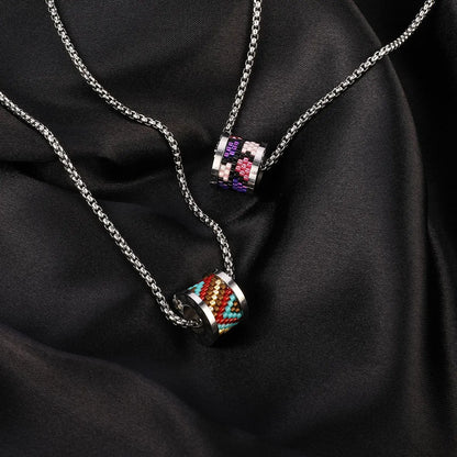 Retro Round Rainbow Titanium Steel Inlay Glass Necklace 1 Piece