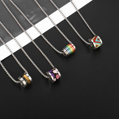 Retro Round Rainbow Titanium Steel Inlay Glass Necklace 1 Piece