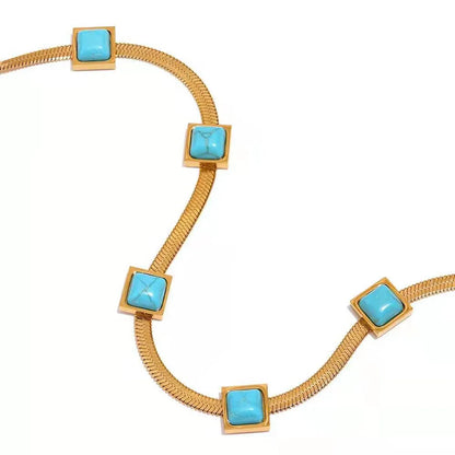 Retro Round Square Titanium Steel Plating Inlay Turquoise Necklace