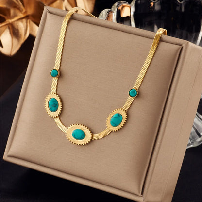 Retro Round Square Titanium Steel Plating Inlay Turquoise Necklace