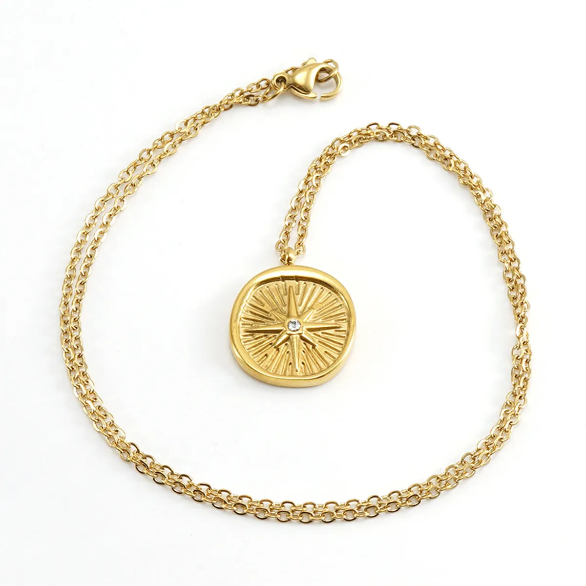 Retro Round Stainless Steel Inlay Rhinestones 18k Gold Plated Pendant Necklace