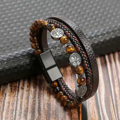 Retro Round Stainless Steel Natural Stone Volcanic Rock Magnet Beaded Men'S Bracelets 1 Piece