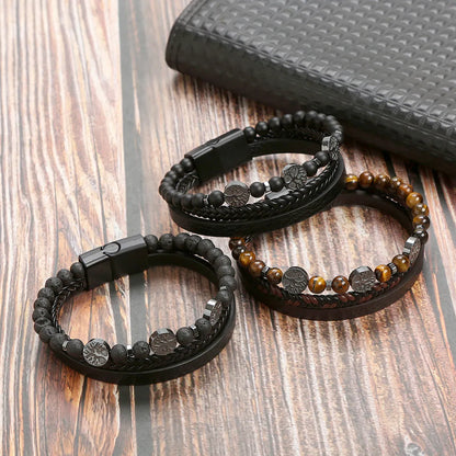 Retro Round Stainless Steel Natural Stone Volcanic Rock Magnet Beaded Men'S Bracelets 1 Piece