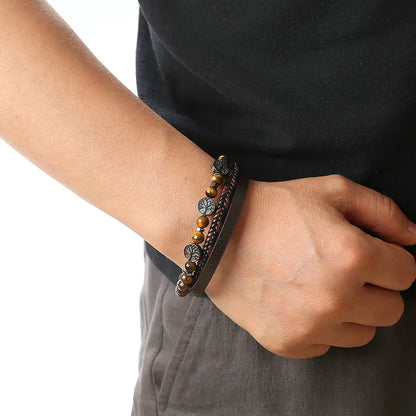 Retro Round Stainless Steel Natural Stone Volcanic Rock Magnet Beaded Men'S Bracelets 1 Piece