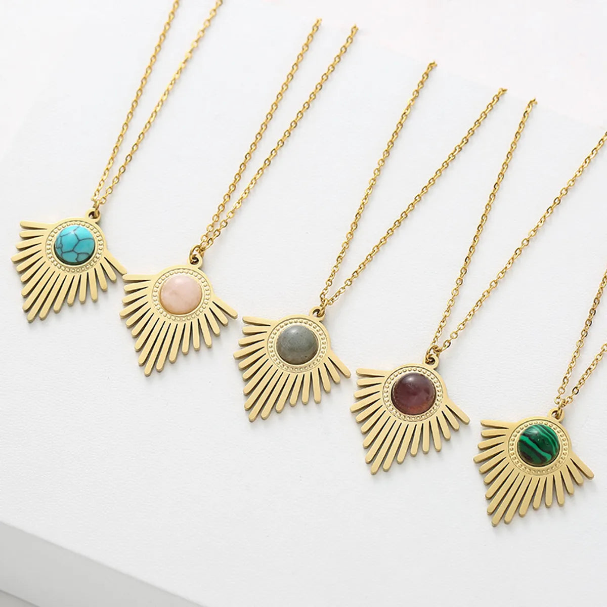 Retro Round Stripe Stainless Steel Inlay Natural Stone Turquoise Pendant Necklace 1 Piece