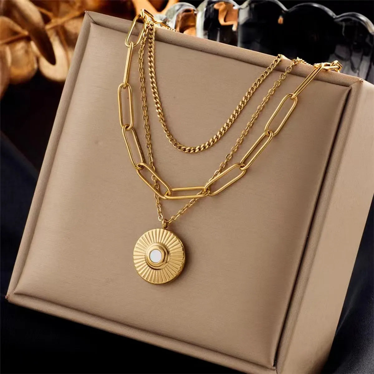 Retro Round Titanium Steel Plating Gold Plated Layered Necklaces