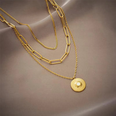 Retro Round Titanium Steel Plating Gold Plated Layered Necklaces