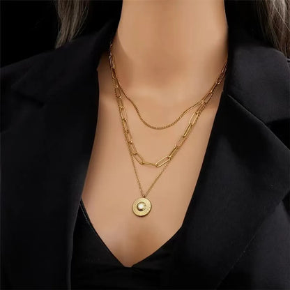 Retro Round Titanium Steel Plating Gold Plated Layered Necklaces