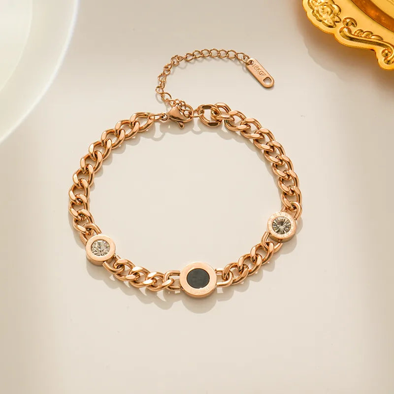 Retro Round Titanium Steel Plating Inlay Zircon 18k Gold Plated Bracelets