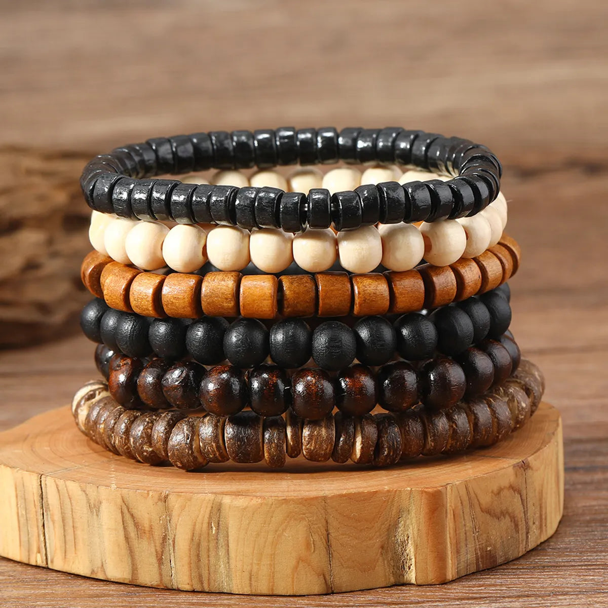 Retro Round Wood Beaded Men'S Bracelets