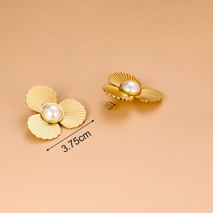 1 Pair Retro Scallop Flower Asymmetrical Stainless Steel Artificial Pearls Ear Studs