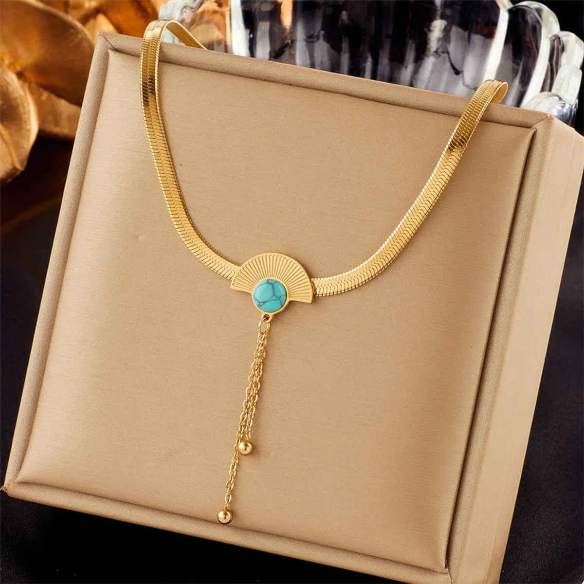 Retro Sector Titanium Steel Plating Inlay Turquoise 18k Gold Plated Necklace